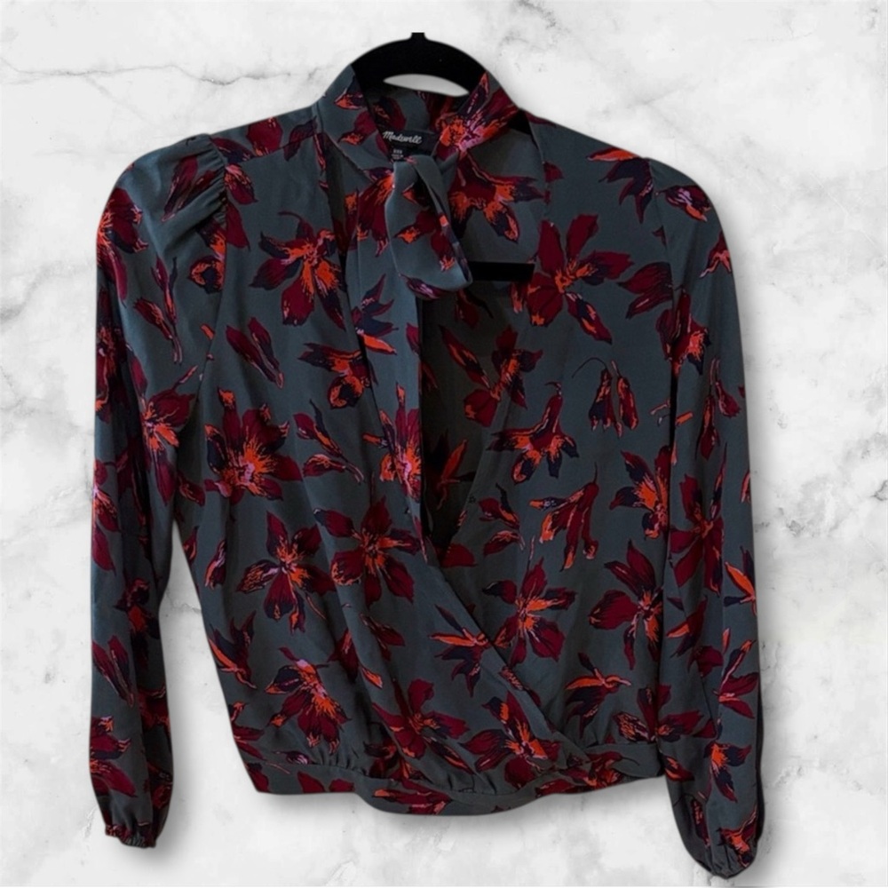 Madewell Silk Tie-Neck Wrap Top in Winter Orchid Floral